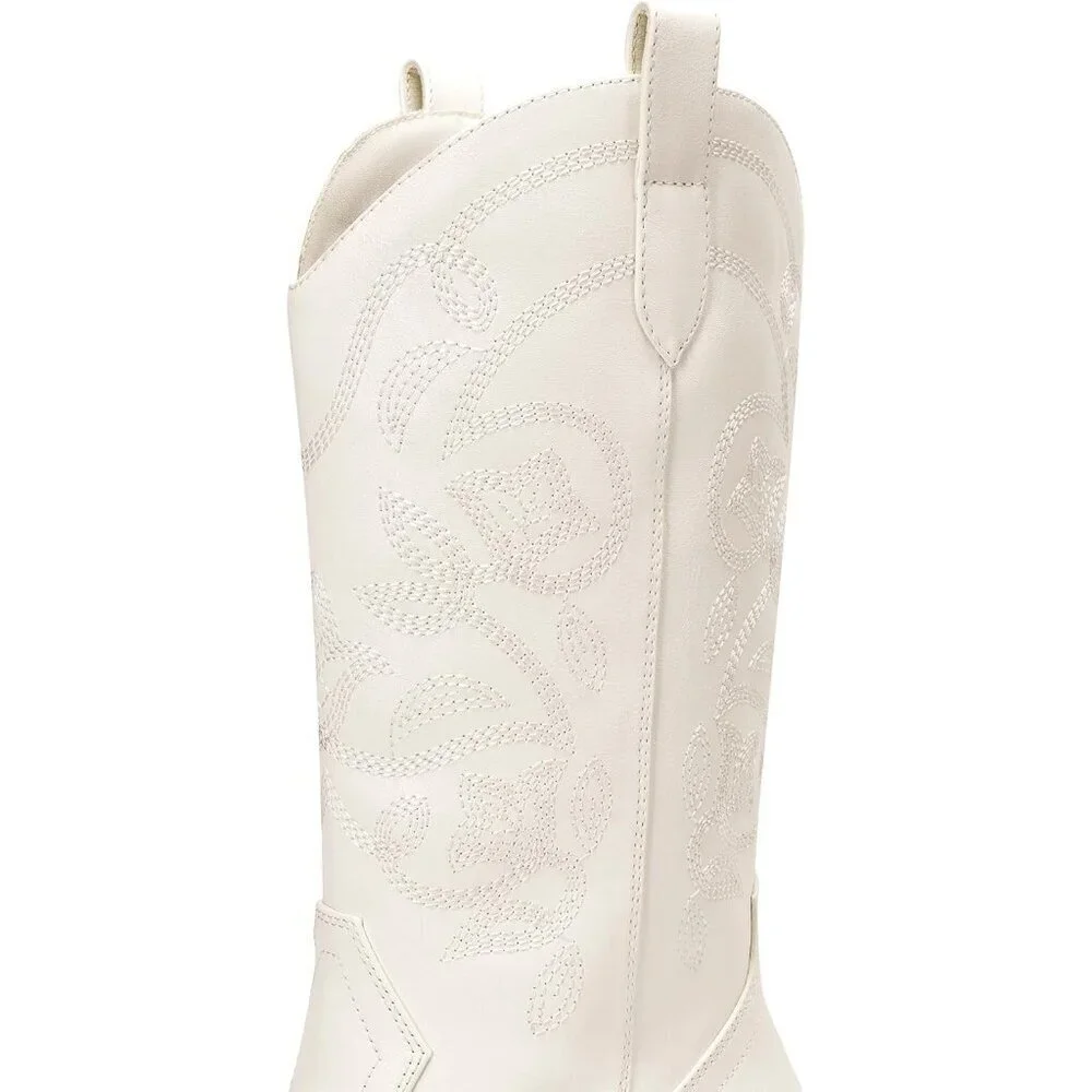 Women's White Cowboy Faux Leather Embroidery Stitched Chunky Heel Mid Calf Boots